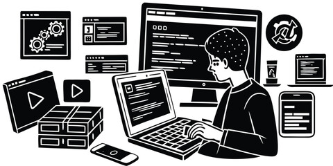 A black and white illustration of a coder working at a computer alongside different interface elements and modern technology.