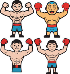 Set of five colorful cartoon boxer characters in different celebratory poses. Ideal for games, stickers, children’s books, or sport promotions.