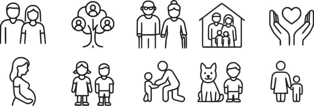 Set icons of  family relationships, including couple, family tree, elderly couple, family in house, caring hands with heart, pregnant woman, children, adult supporting child, child with pet dog 