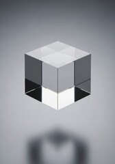 Fototapeta premium Clear glass cube with sharp edges reflecting light on a neutral gradient background, casting a subtle shadow.