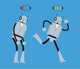 Full and empty energy battery robot flat style simple design concept. Vector flat cartoon graphic illustration