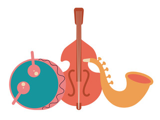 Musician instruments. Guitar, gusli, drum, violin, saxophone flat style simple design concept. Vector flat cartoon graphic illustration