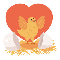 Newborn chick hatches from nest egg flat style simple design concept. Vector flat cartoon graphic illustration