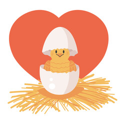 Newborn chick hatches from nest egg flat style simple design concept. Vector flat cartoon graphic illustration