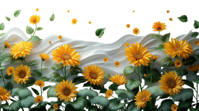Vibrant sunflower field with white flowing waves. Isolated floral border design ideal for seasonal, decorative, and nature-themed compositions.  Isolated on transparent background, png.