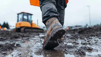 Construction worker walking on muddy ground at a job site, with a bulldozer in the background, showcasing challenging work conditions.
