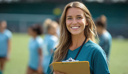 Confident young woman coach on football field holding clipboard, smiling. Leads team with determination, strategy. Female athletic trainer plans drills, motivates players for sports success, teamwork
