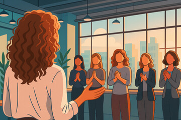 Businesswoman Receiving Applause from Team in Office Meeting – Modern Flat Style Illustration