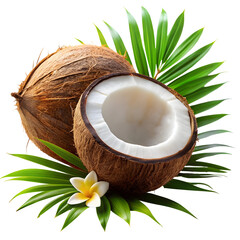 Tropical coconuts and palm leaves isolated on a transparent background