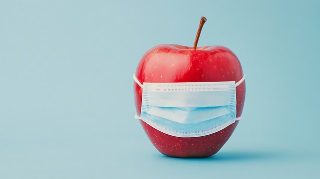 A shiny red apple wearing a light blue disposable face mask stands out against a light blue background, symbolizing health and safety.