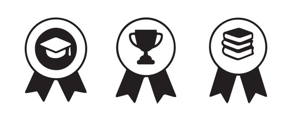 Vector Badge Icons with Trophy, Books, Graduation Cap in Solid Silhouette Style, Ideal for Education and Achievement Themes, Editable Formats: AI, EPS, JPG, PNG, Ideal for Both Digital and Print Use
