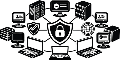 Digital network security depicted through computers and data centers with a central shield and lock