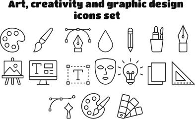 Set of icons representing art, creativity, and graphic design tools, including paint palette, paintbrush, vector pen tool, droplet, pencil, art supplies, nib, easel with canvas, computer monitor  