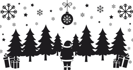 Santa in forest, snowflakes, stars, Christmas gift boxes, pine trees, holiday background, winter landscape, festive vector, silhouette scene, cad drawing flat vector illustration