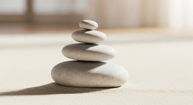 Serene stacked stones evoke balance and tranquility in warm, soft light - Powered by Adobe
