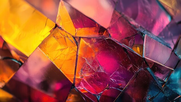 Close-up view of multifaceted crystal structure, vibrant colors