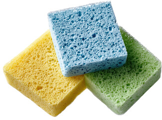 Three colorful square sponges, light blue, yellow, and light green, overlapping