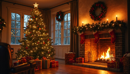 Christmas Tree and Fireplace in Living Room with Gifts and Decorations