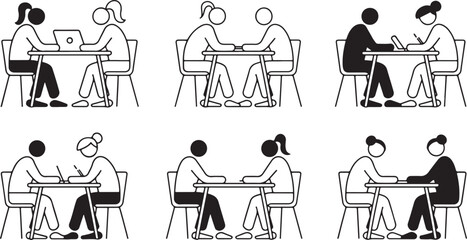 Diverse groups of people sitting together at tables for meetings and collaboration in minimalist design. People Outline Set for CAD Drawings – Vector Illustrations Isolated on White