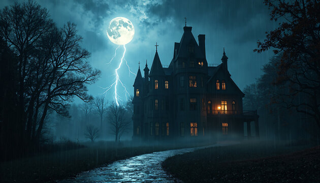 Gothic Mansion Under Full Moon With Lightning and Rain - Powered by Adobe