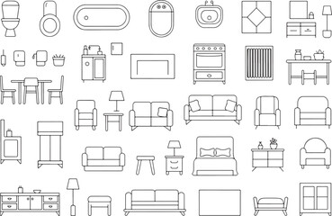 Modern Home Furniture Minimalistic Line Art Seamless Pattern with Essential Interior Elements for Stylish Living Spaces and Decorating Projects, Chair outline top view. Floor plan icons set for design