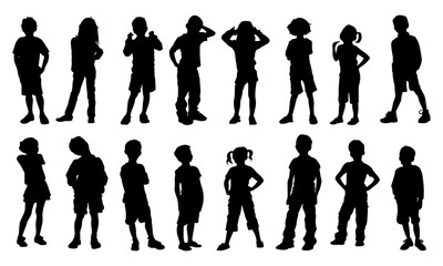 Vector silhouette of kids showing multiple children in playful, standing, sitting, and walking poses. Perfect for educational projects, websites, children’s themes, youth, family, and learning visuals