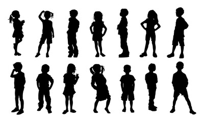 Multiple children silhouettes in playful, standing, walking, and waving poses vector illustration. Ideal for kid-themed websites, educational projects, youth action, family design