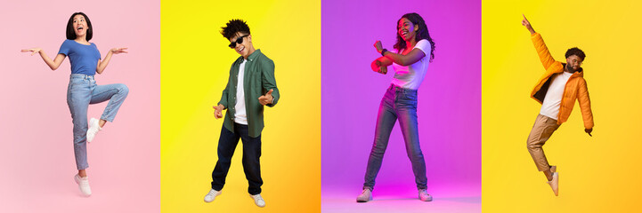 A lively collection of individuals expressing happiness through dance poses against colorful backgrounds. Multiracial representation highlights the beauty of diversity in lifestyle and creativity.
