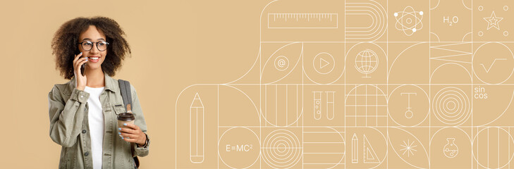 African American college student engaging in a phone conversation while holding a coffee cup. The background features educational icons, creating a vibrant and focused atmosphere for studying.