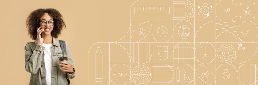 African American college student engaging in a phone conversation while holding a coffee cup. The background features educational icons, creating a vibrant and focused atmosphere for studying.