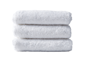 Three white bath towels stacked neatly (1)
