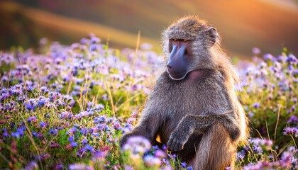 tranquil baboon wildlife nature habitat sitting primate grassland field blue flowers tall grass african savanna outdoor environment serene relaxation daytime wildlife photography scenic landscape