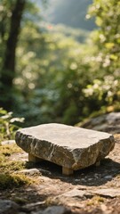 Fototapeta premium A rustic, rectangular stone slab elevated on a mossy forest floor, with a blurred natural green background.