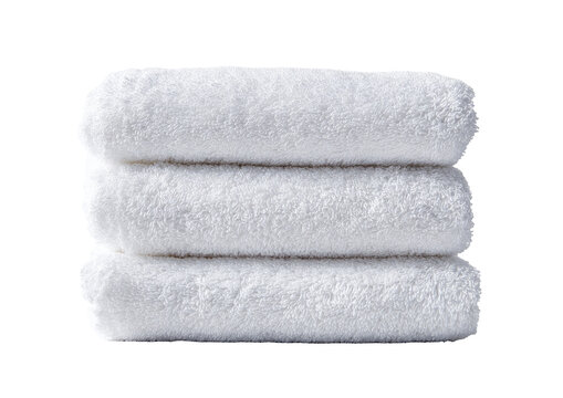 Three white bath towels stacked neatly (1)