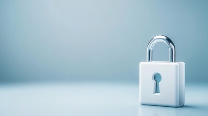 Fototapeta premium White padlock with shiny metal shackle on soft blurred background