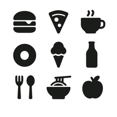 Collection of food and drink icons. Set of simple black glyphs representing meals, fast food, and beverages for web and graphic design - food and beverages.