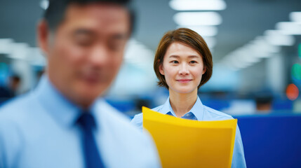 International tariff policy, Young businesswoman holding yellow folder in office with international tariff policy discussion