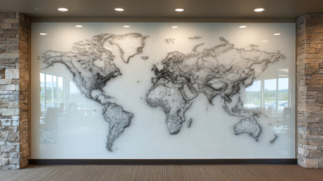 International tariff policy, World map wall art modern office space showing international trade and tariff policy concepts with stone pillars