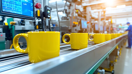 Mugs on a Conveyor Belt: Yellow mugs proceed along a conveyor belt in a bright, modern manufacturing facility. Automation and efficiency in production.