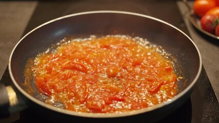 breakfast with eggs and tomatoes sizzling in a frying pan, a cook adds scrambled eggs to fried tomatoes for making an omelet, video about traditional home cooking - Powered by Adobe