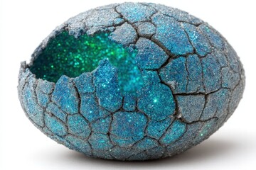 Fractured Teal Glitter Egg on White Backdrop, Cracked Shell with Green Sparkle Interior, Abstract Decorative Ornament, Macro Photography