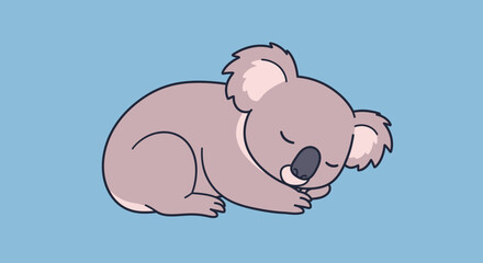 Cartoon Koala Curled Up Asleep on Light Blue Background.