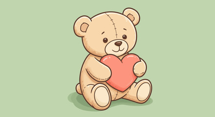 Cartoon Teddy Bear Holding a Pink Heart Illustration.