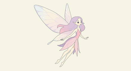 Cartoon Fairy with Lavender Hair and Delicate Wings in Flight.