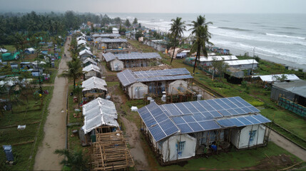 Obraz premium Coastal community temporary shelters solar power recovery storm damage