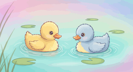 Two Cute Ducklings Swimming in a Pond Illustration.