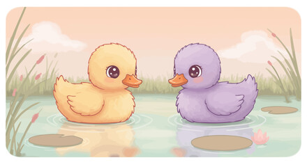 Two Cute Cartoon Ducklings Floating on a Pond.