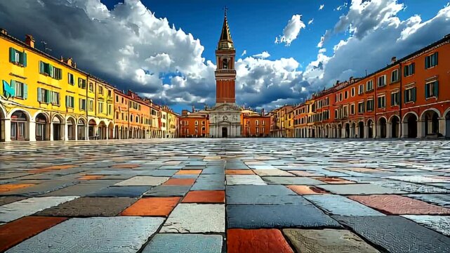 Italian Piazza Scenery with Colorful Buildings and Tiled Ground in Comacchio, Italy