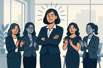 Confident Female Leader Applauded by Team – Office Empowerment Vector Illustration
