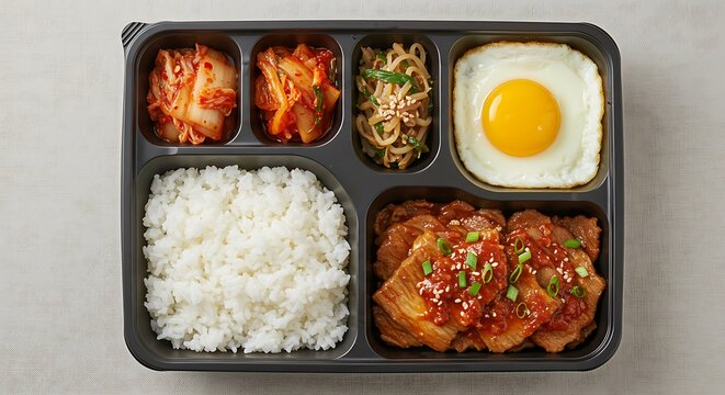 A traditional Korean dosirak lunch box concept with spicy stir-fried pork, kimchi, rice, and a fried egg on a gray background.